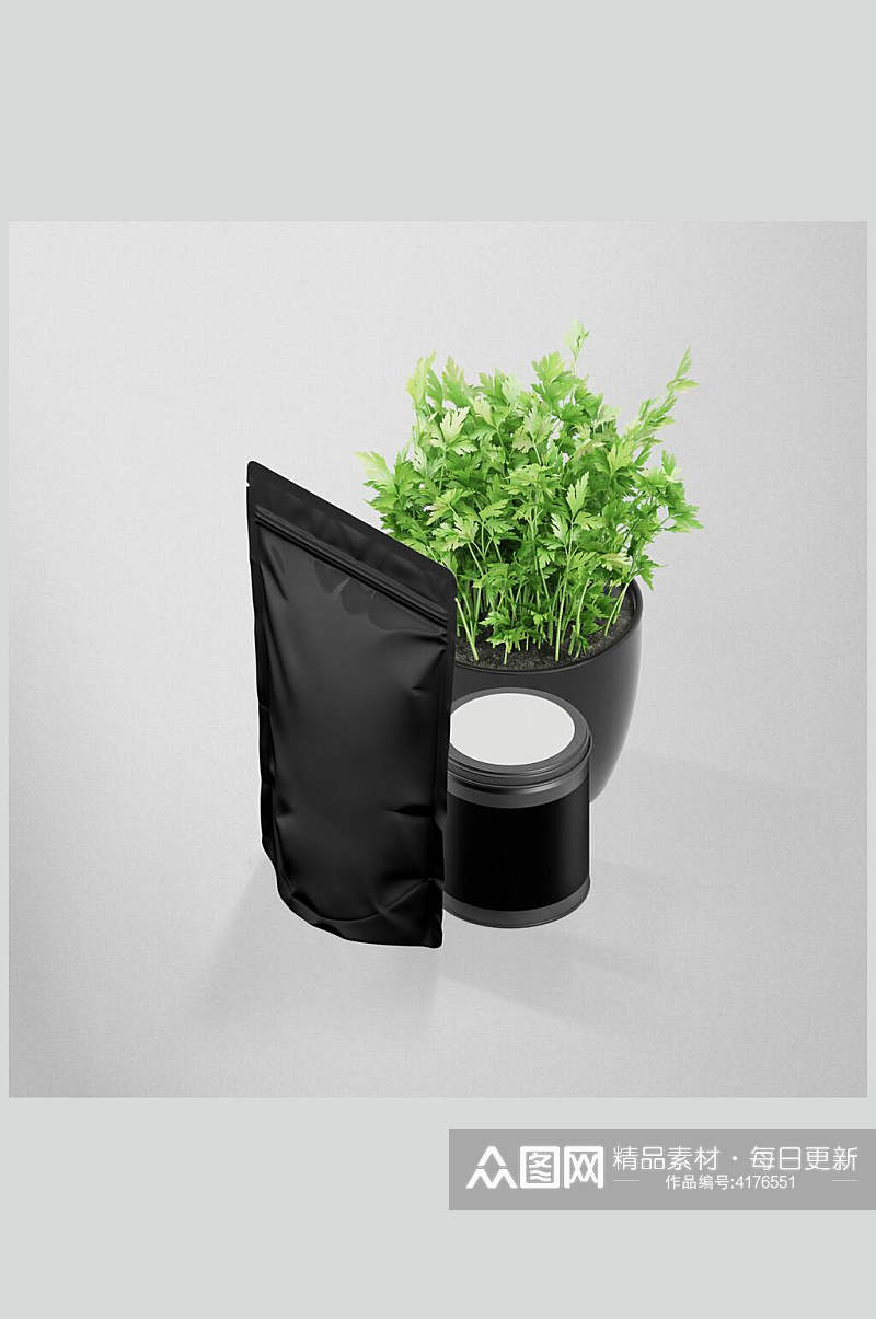黑色封条塑料袋罐子绿色植物零食包装样机素材