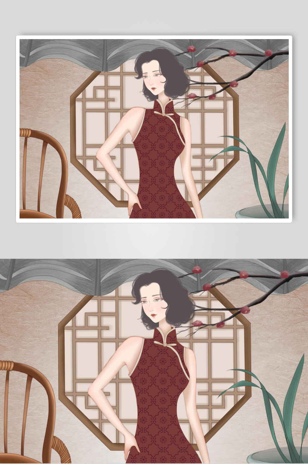 中式優(yōu)雅民國古風(fēng)旗袍美人插畫素材素材
