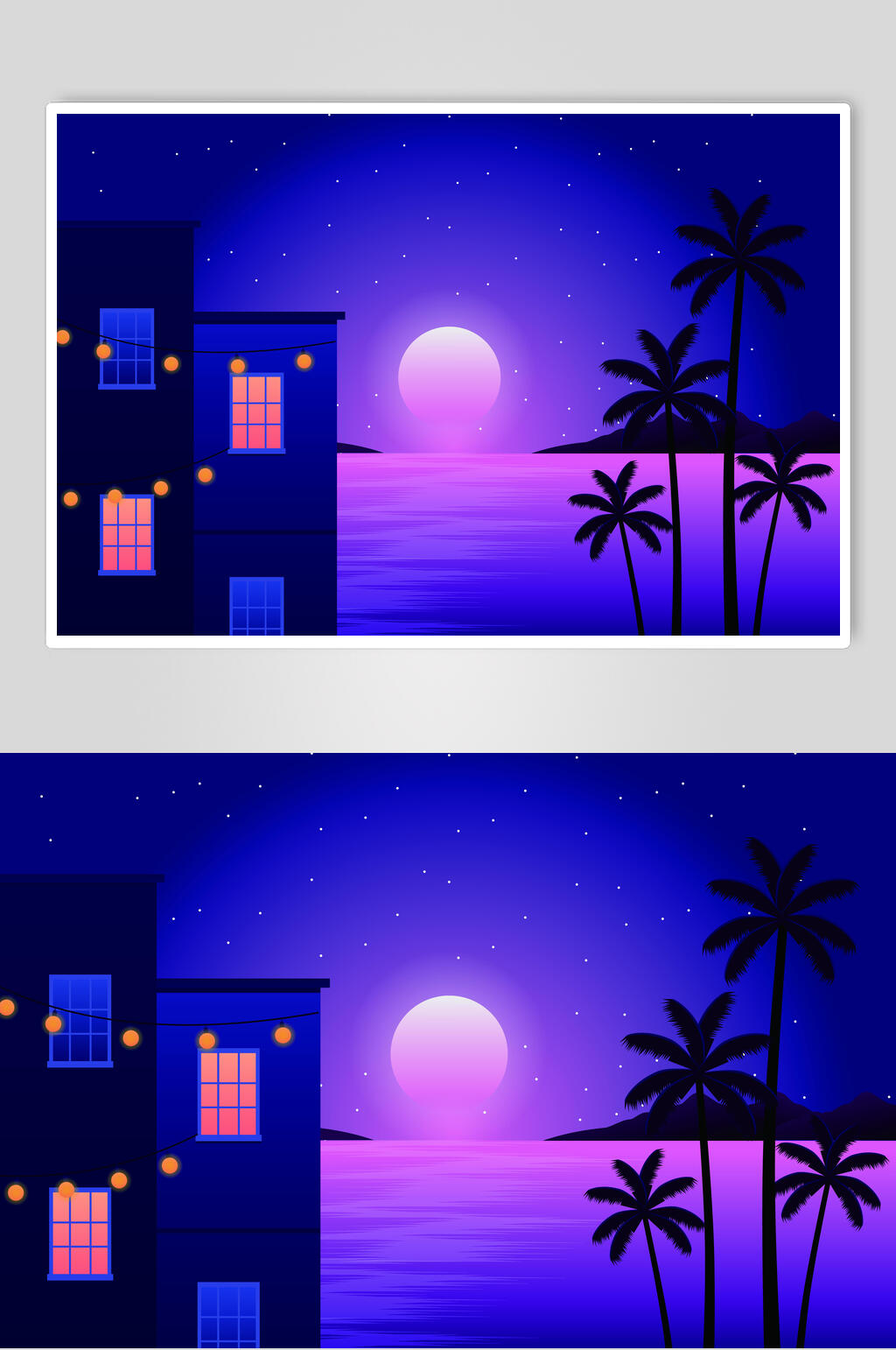 蓝紫色唯美夜色风景插画素材素材