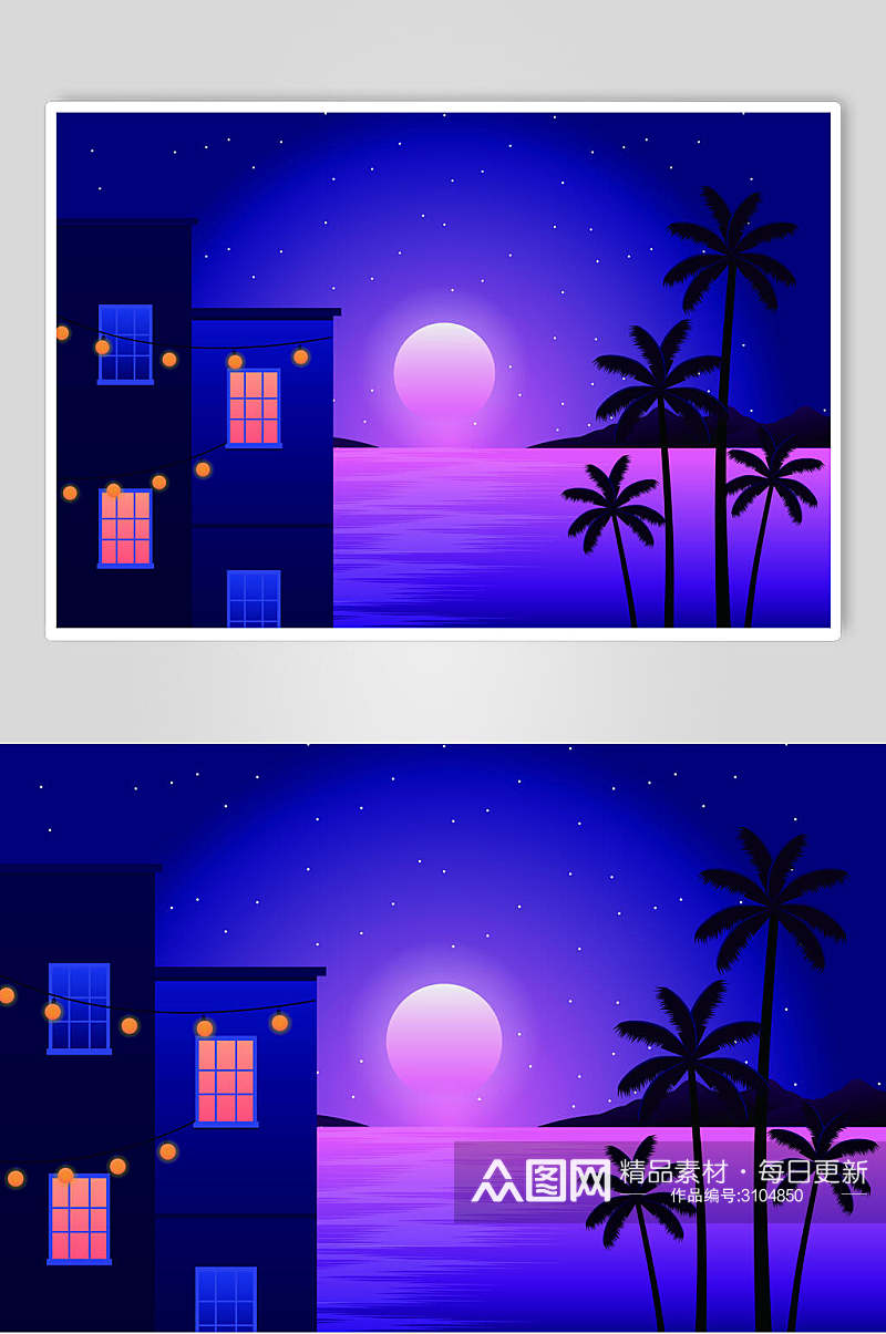 蓝紫色唯美夜色风景插画素材素材