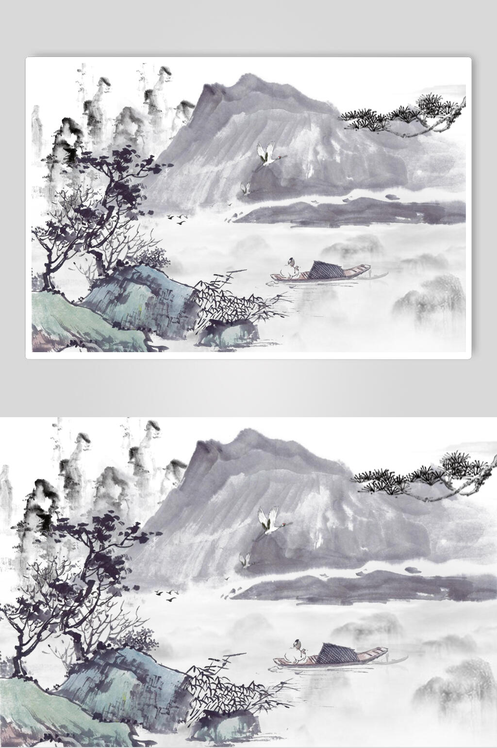 手绘古典山水水墨插画素材素材
