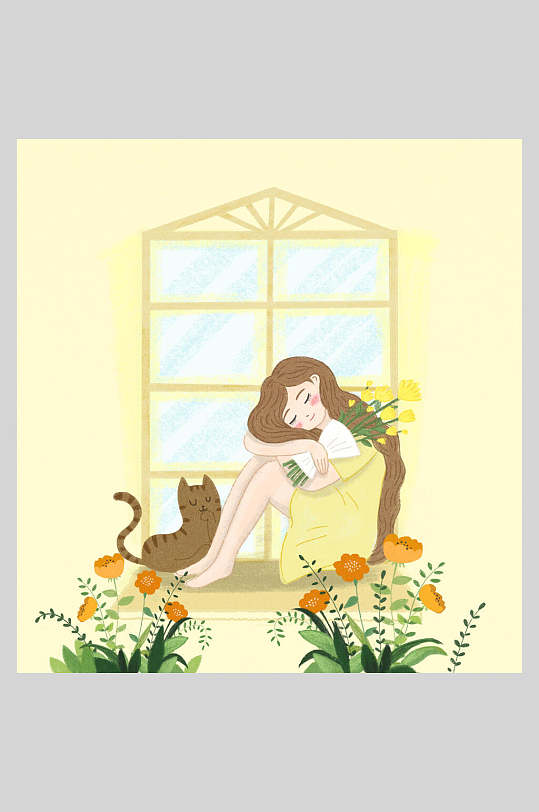 清新淡雅卡通女孩插画素材
