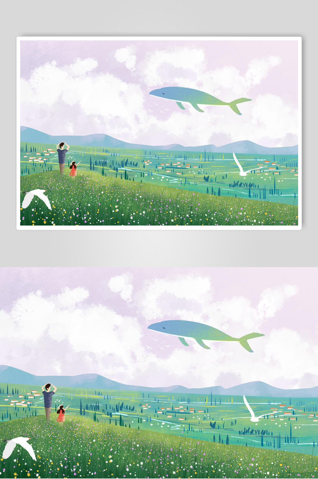 清新花卉鲸鱼插画素材素材