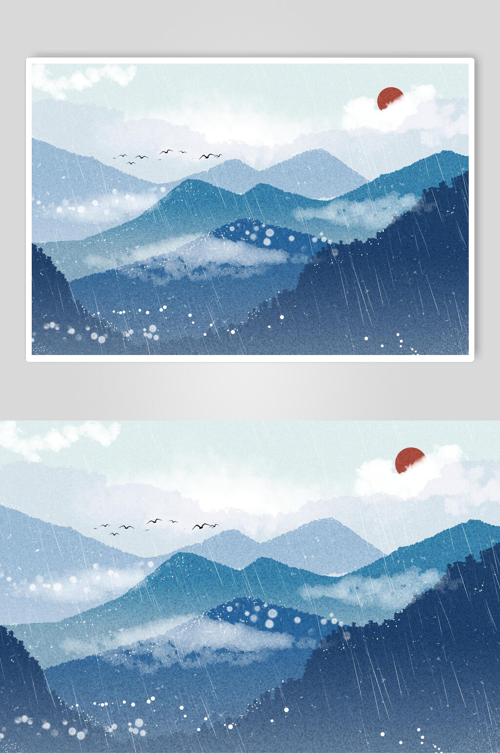 蓝色古典山水水墨插画素材素材
