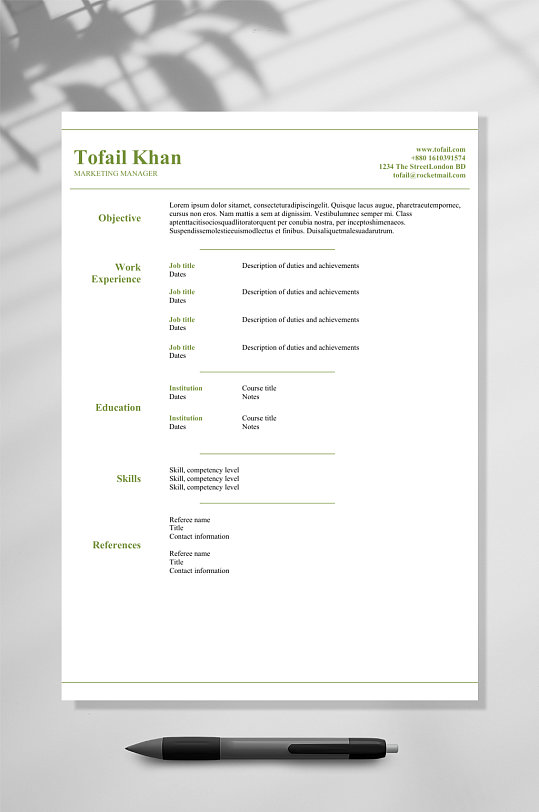 绿色字体国外英文简历WORD模板-众图网