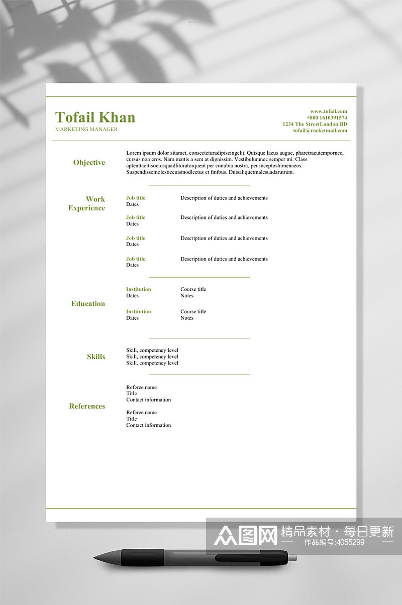 绿色字体国外英文简历WORD模板素材