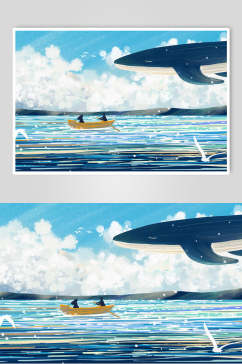 蓝白海鸥鲸鱼插画素材