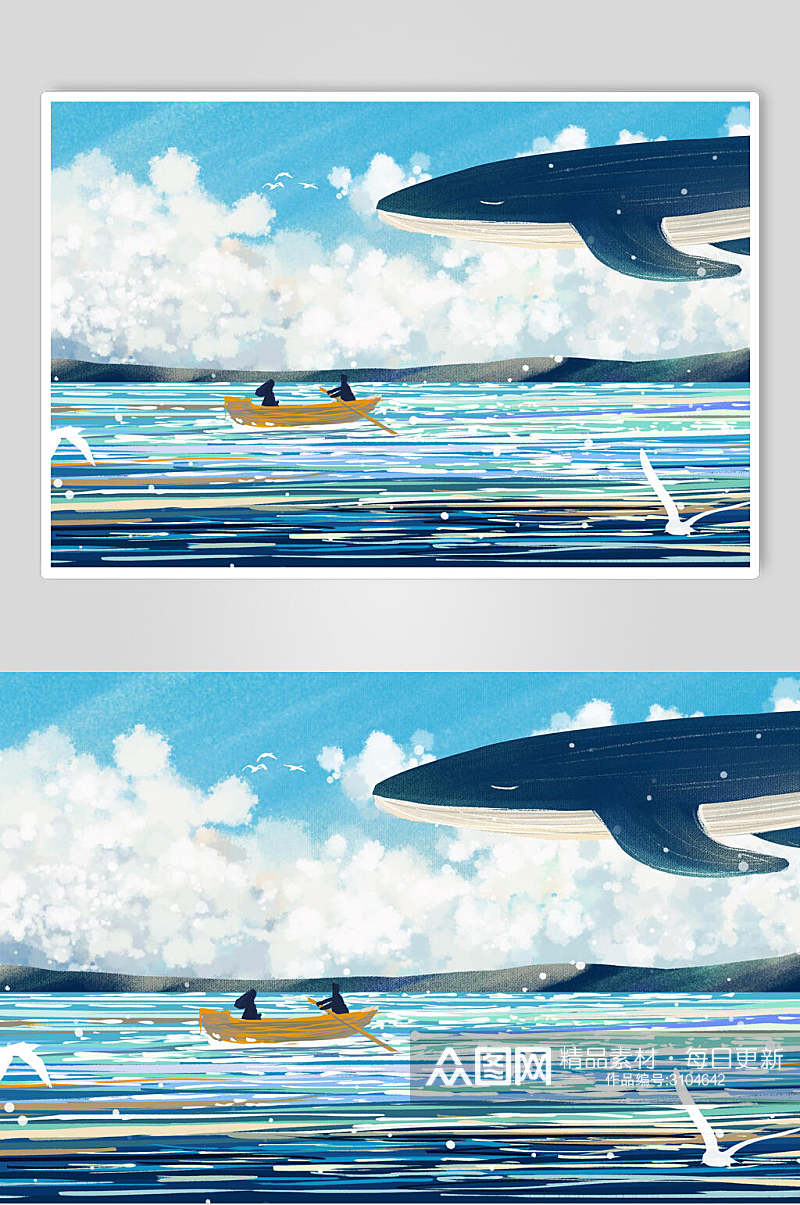 蓝白海鸥鲸鱼插画素材素材