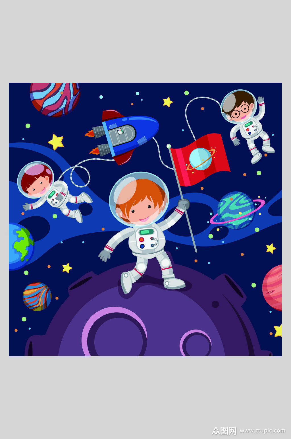 炫彩卡通太空宇航员矢量插画素材素材