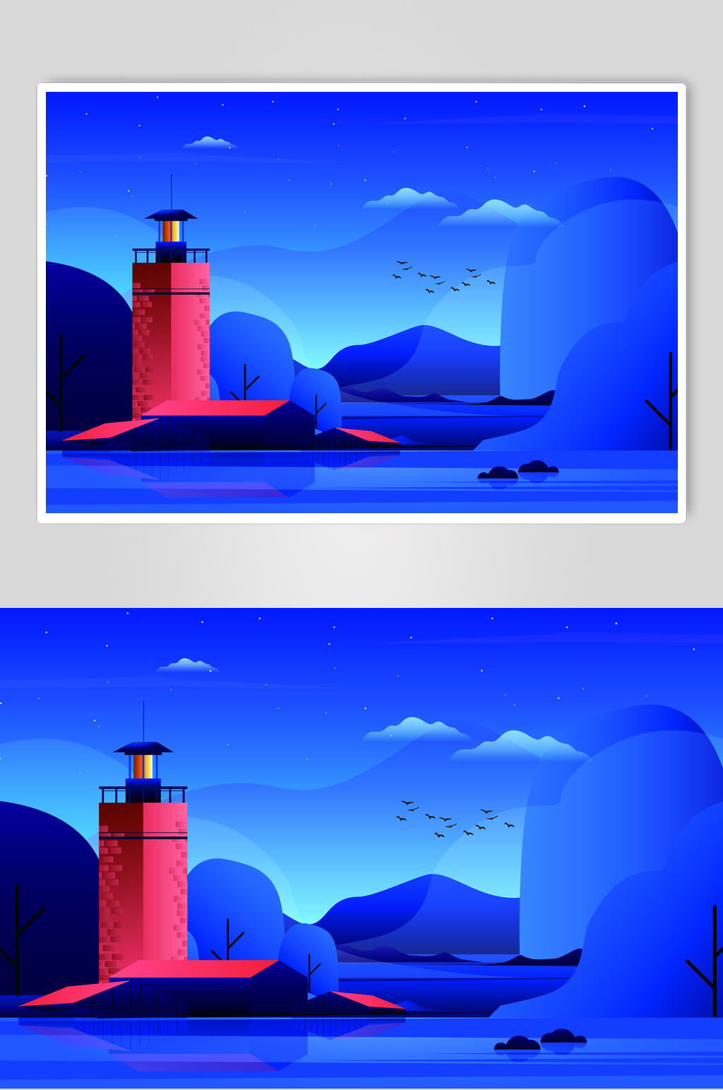 蓝色风景插画素材素材