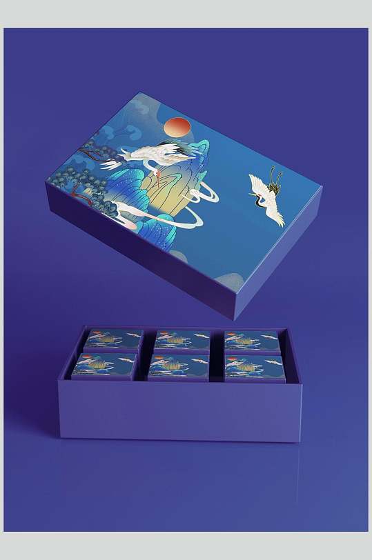 紫蓝色国潮风仙鹤山峰图案中秋礼盒包装样机