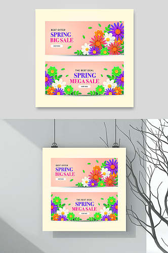 彩色大气鲜花春季春天花卉卡片矢量素材