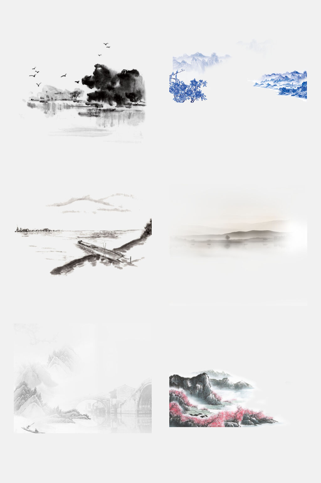 高端大气古风水墨山水风景手绘免抠素材素材