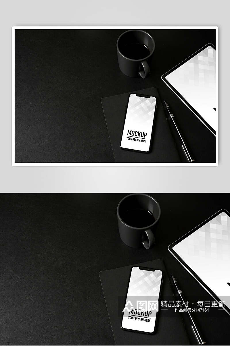 杯子黑白苹果手机电脑展示场景样机素材