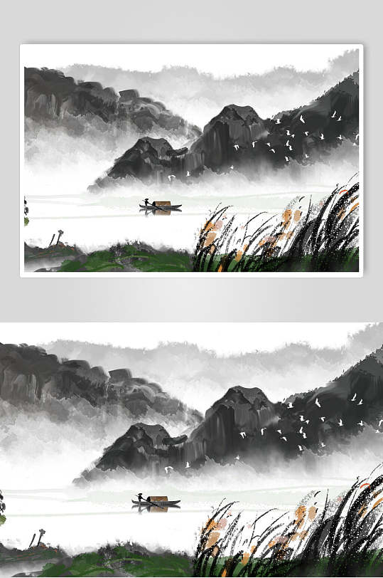 古典山水植物水墨插画素材