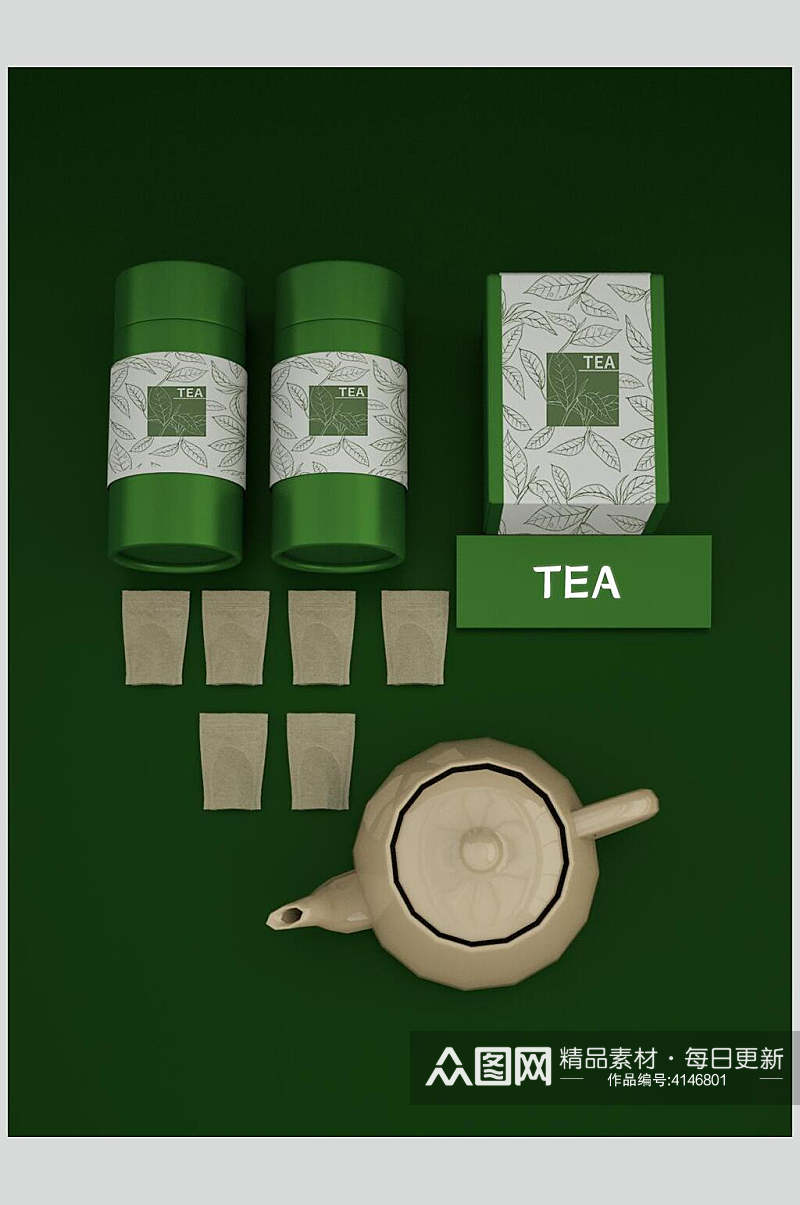 绿色袋子清新茶叶包装设计展示样机素材