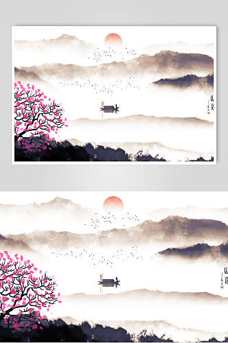 中国风古典粉色山水水墨插画素材