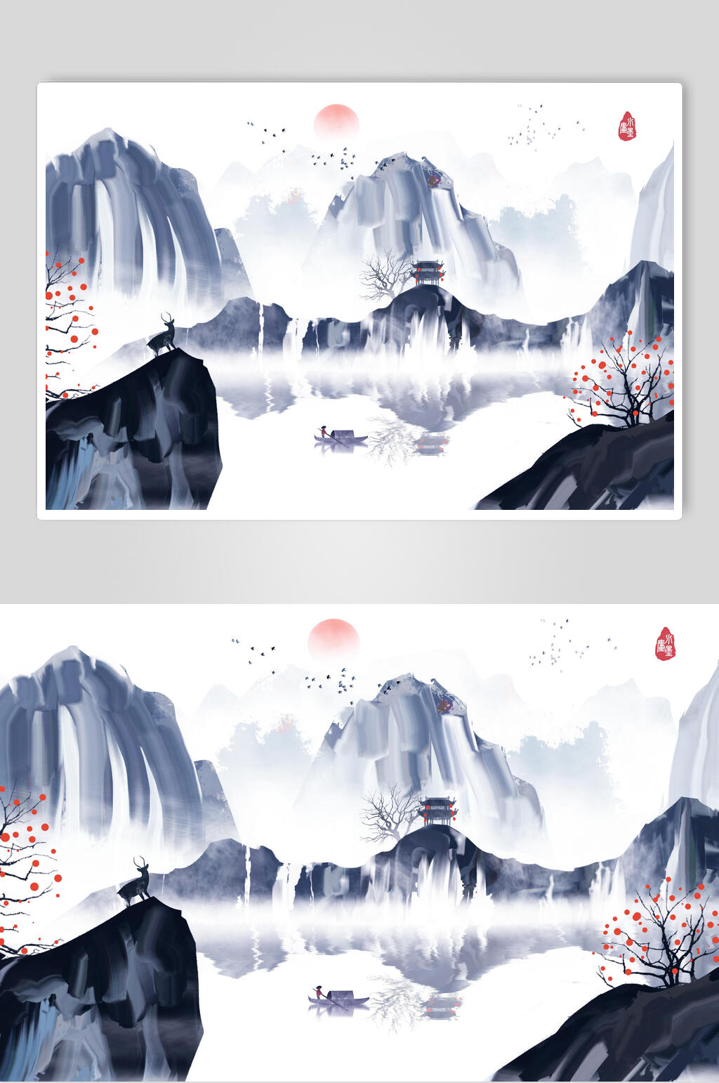 高端古典山水风景水墨插画素材素材