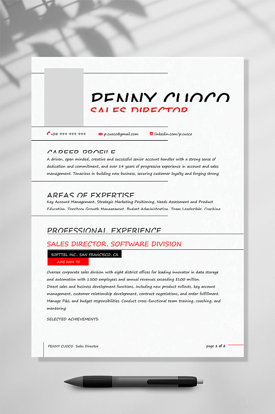 红色国外英文简历WORD模板-众图网