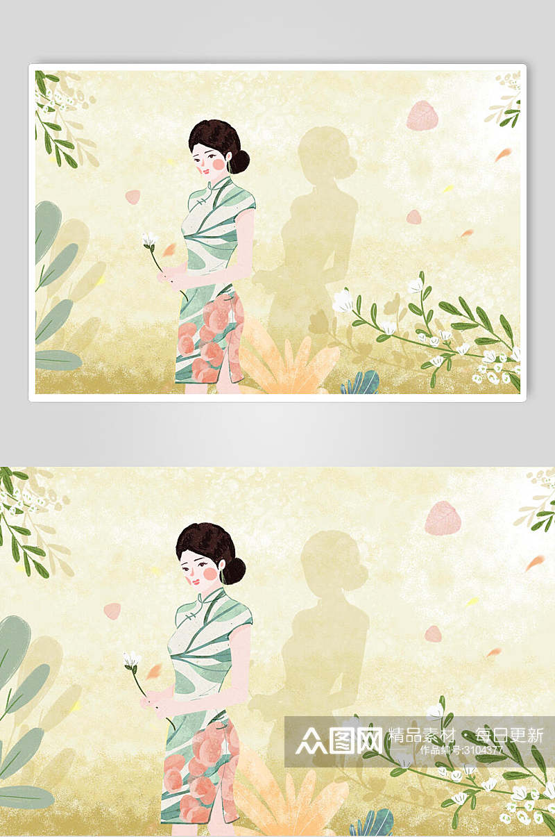 中国风民国古风旗袍美人插画素材素材