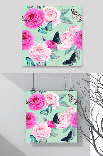 粉色花卉手绘水彩花朵鸟蝴蝶背景矢量素材