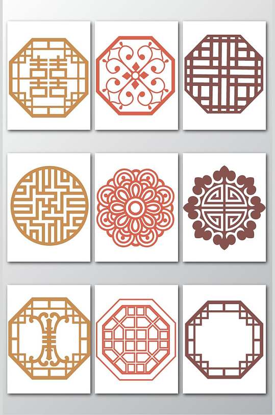 长方形框多种窗花剪影图案矢量素材
