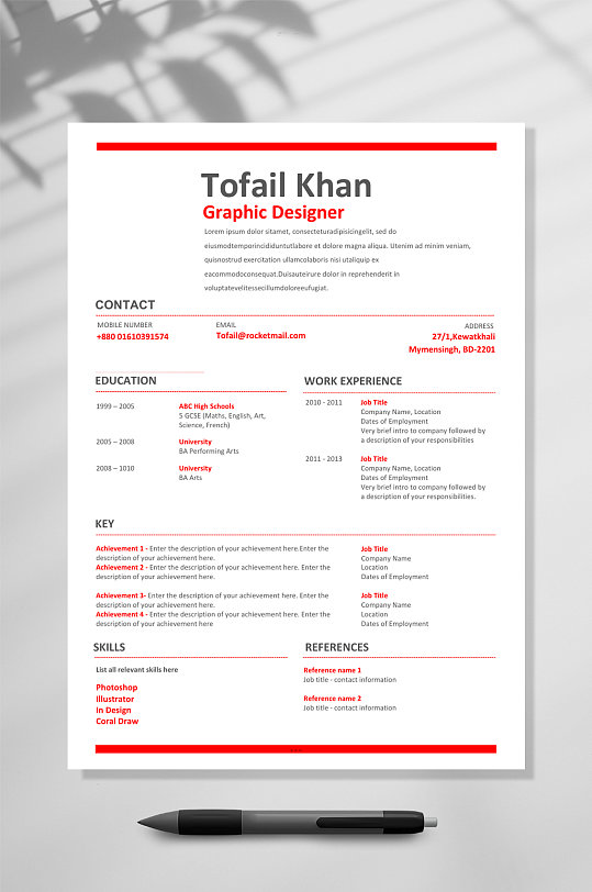 红色线条国外英文简历WORD模板-众图网