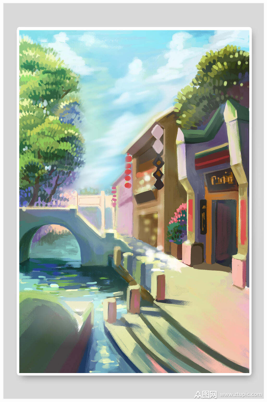 清新古镇旅行插画素材素材