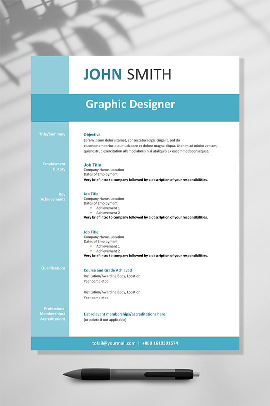 蓝色浅蓝色国外英文简历WORD模板-众图网