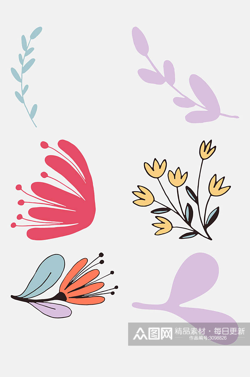 清新卡通涂鸦植物叶子花朵花卉免抠素材素材