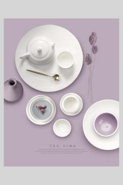 紫色洁白盆子金色汤勺点心饮品摆盘海报