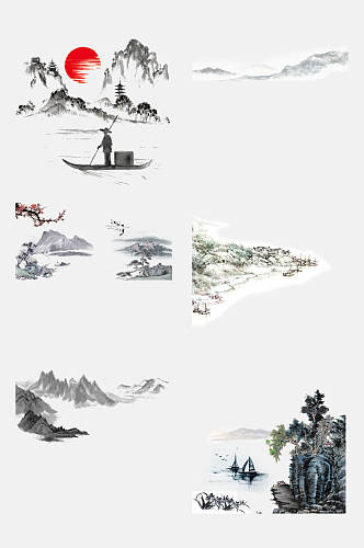 中国风古风水墨山水风景手绘免抠素材