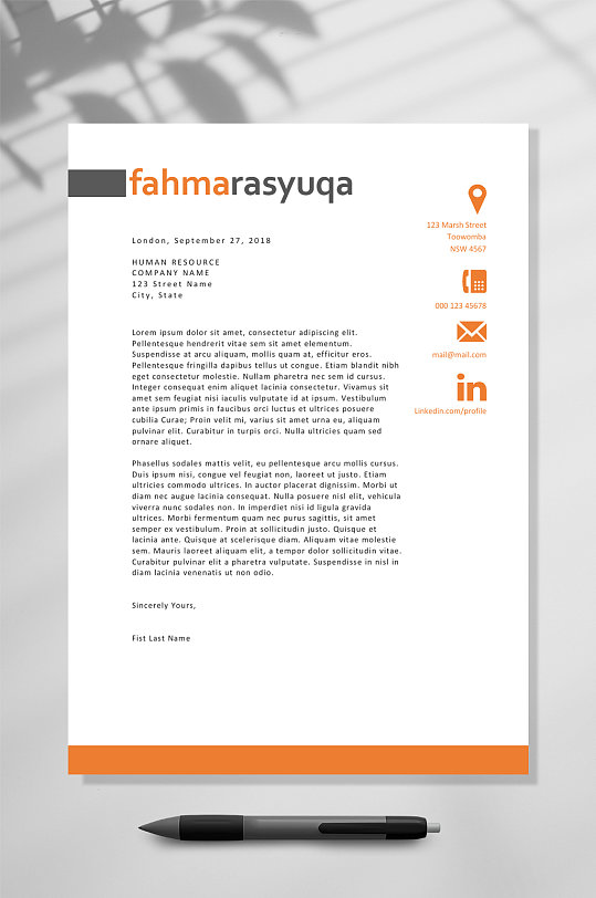 橙色简约国外英文简历WORD模板-众图网