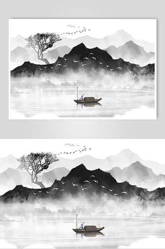 中国风古典山水水墨插画素材