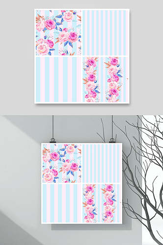 粉蓝色鲜花条纹森系花卉图案矢量素材