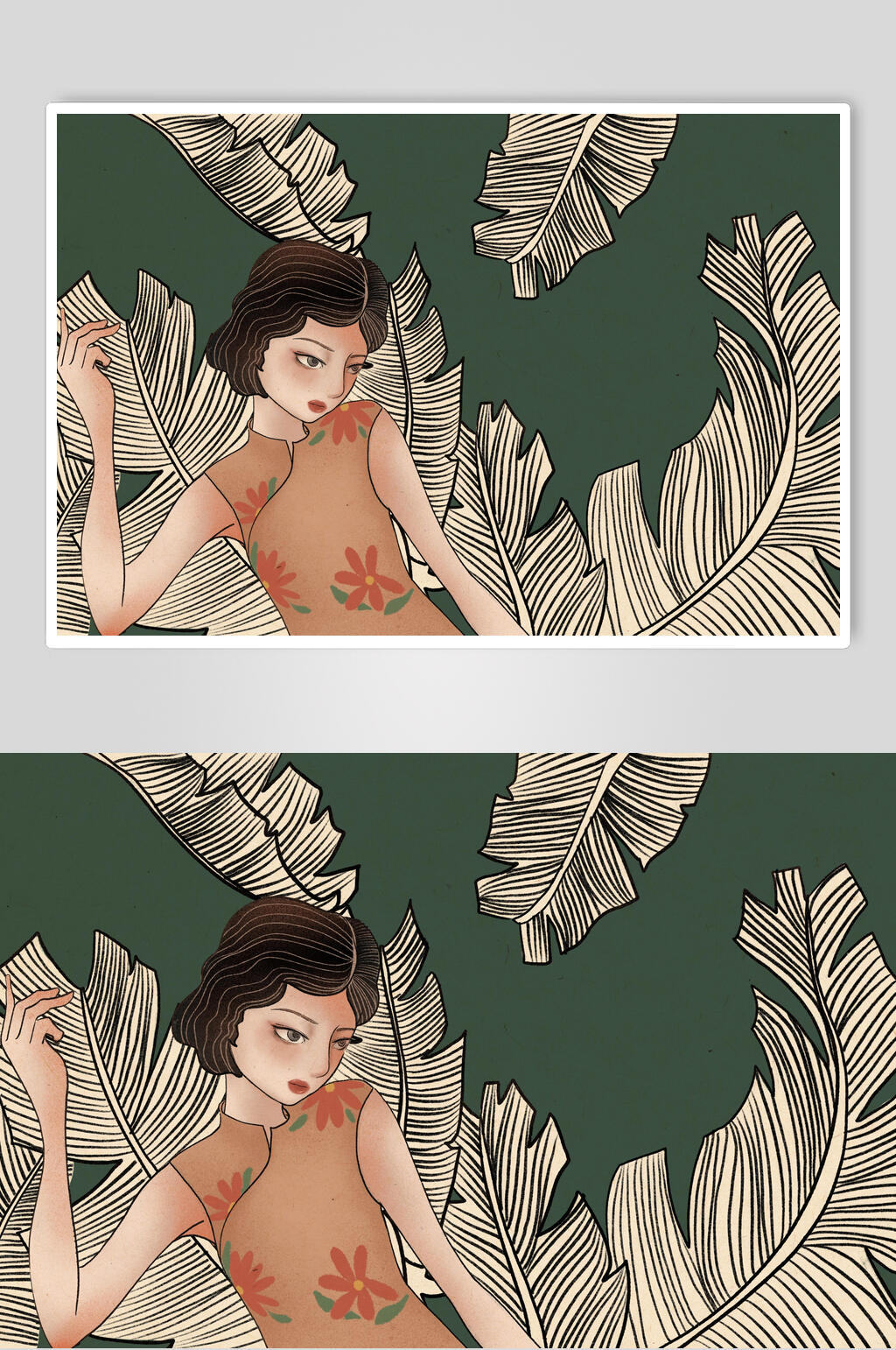 树枝我民国古风旗袍美人插画素材素材