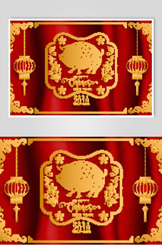中国风红金新年剪纸花卡矢量素材