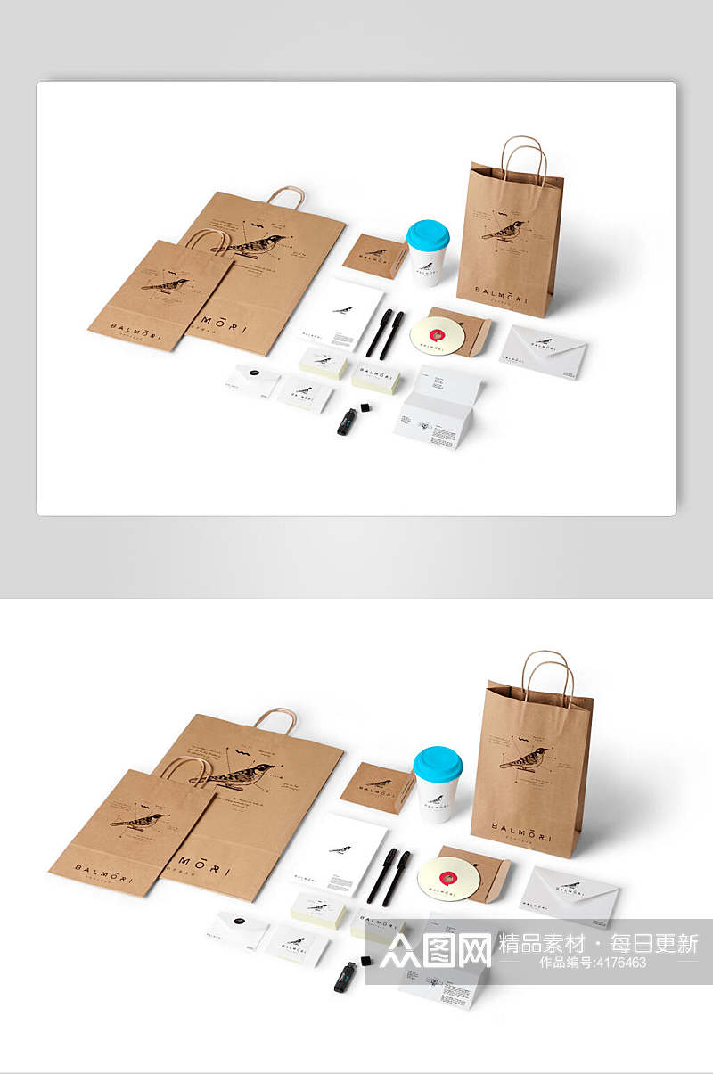 简约原木色白色喜鹊团包装贺卡餐饮贴图样机素材