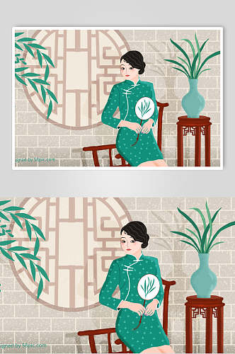 绿色植物民国古风旗袍美人插画素材