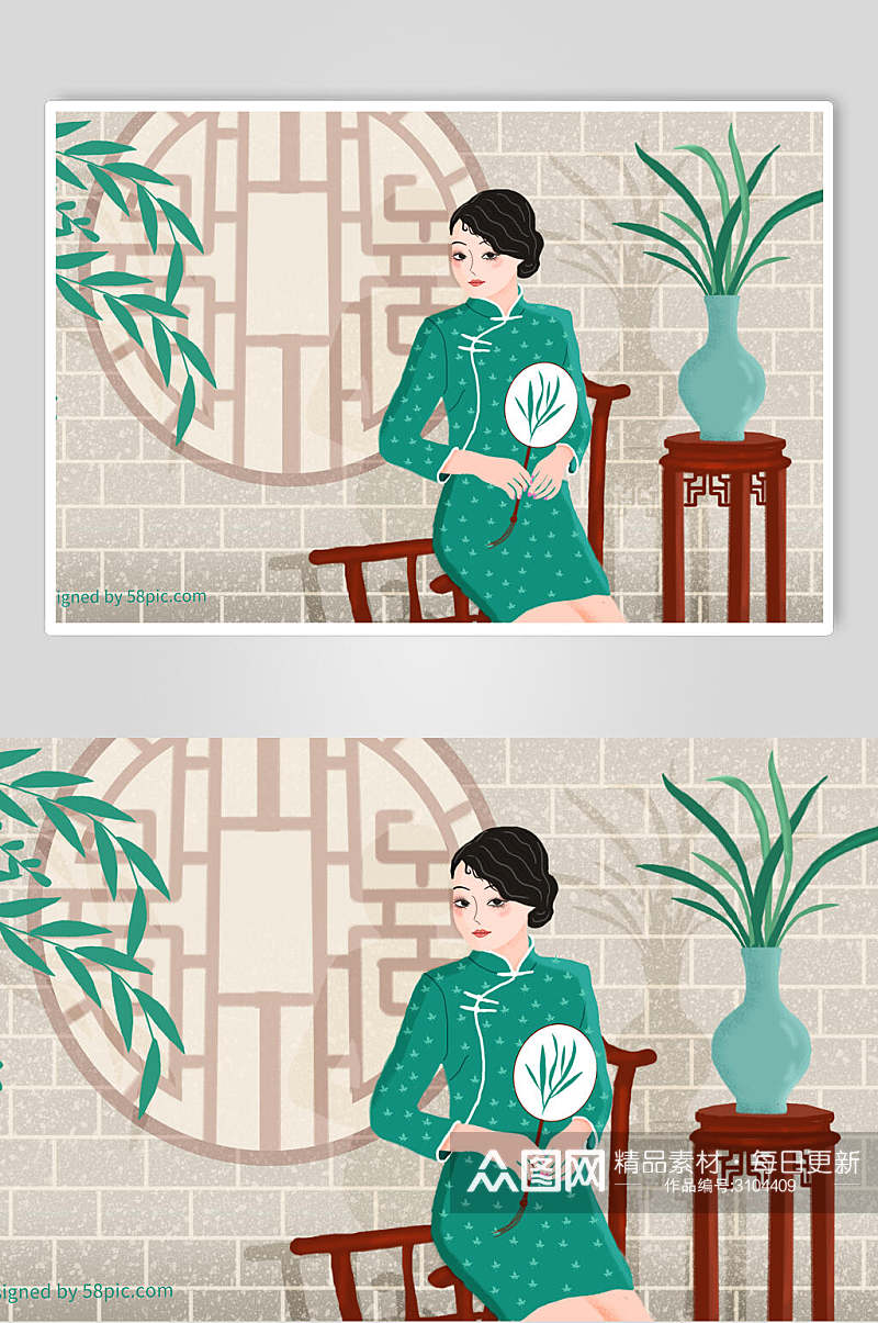 绿色植物民国古风旗袍美人插画素材素材