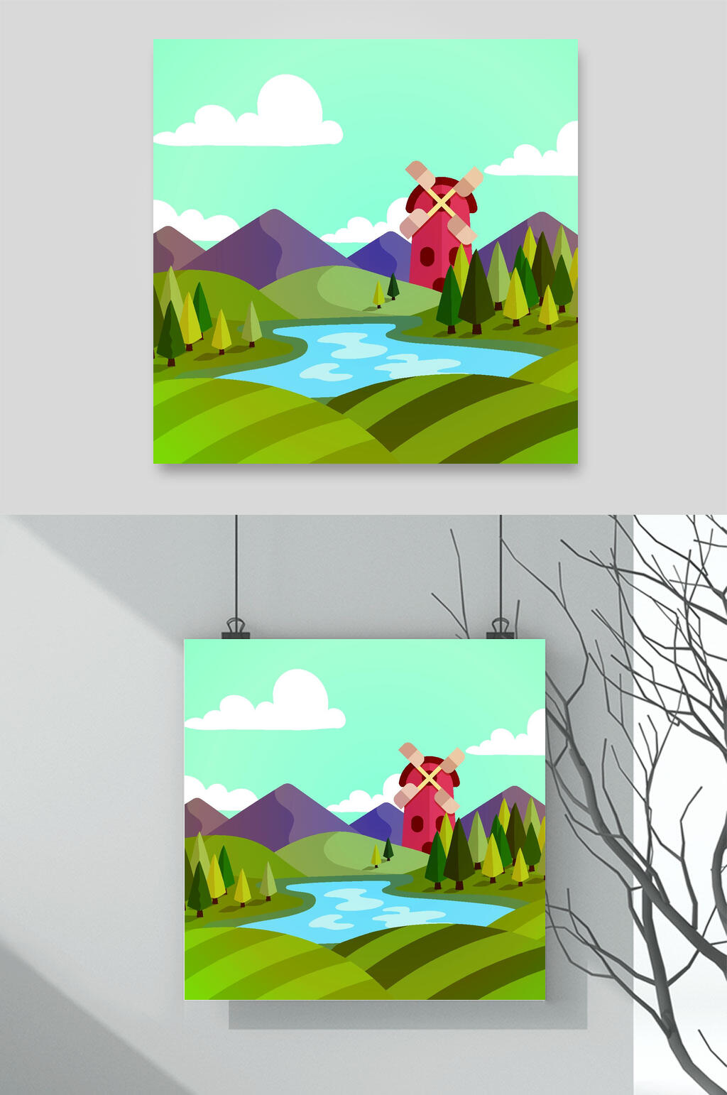 草地河流自然风景插画矢量素材素材