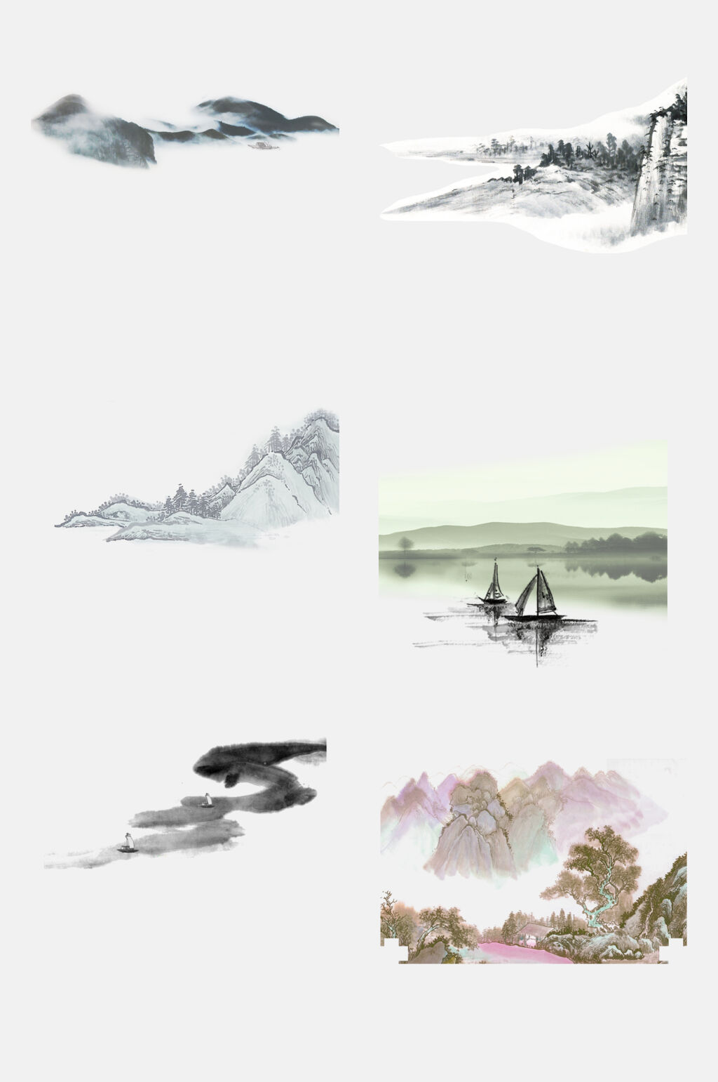 简洁唯美古风水墨山水风景手绘免抠素材素材