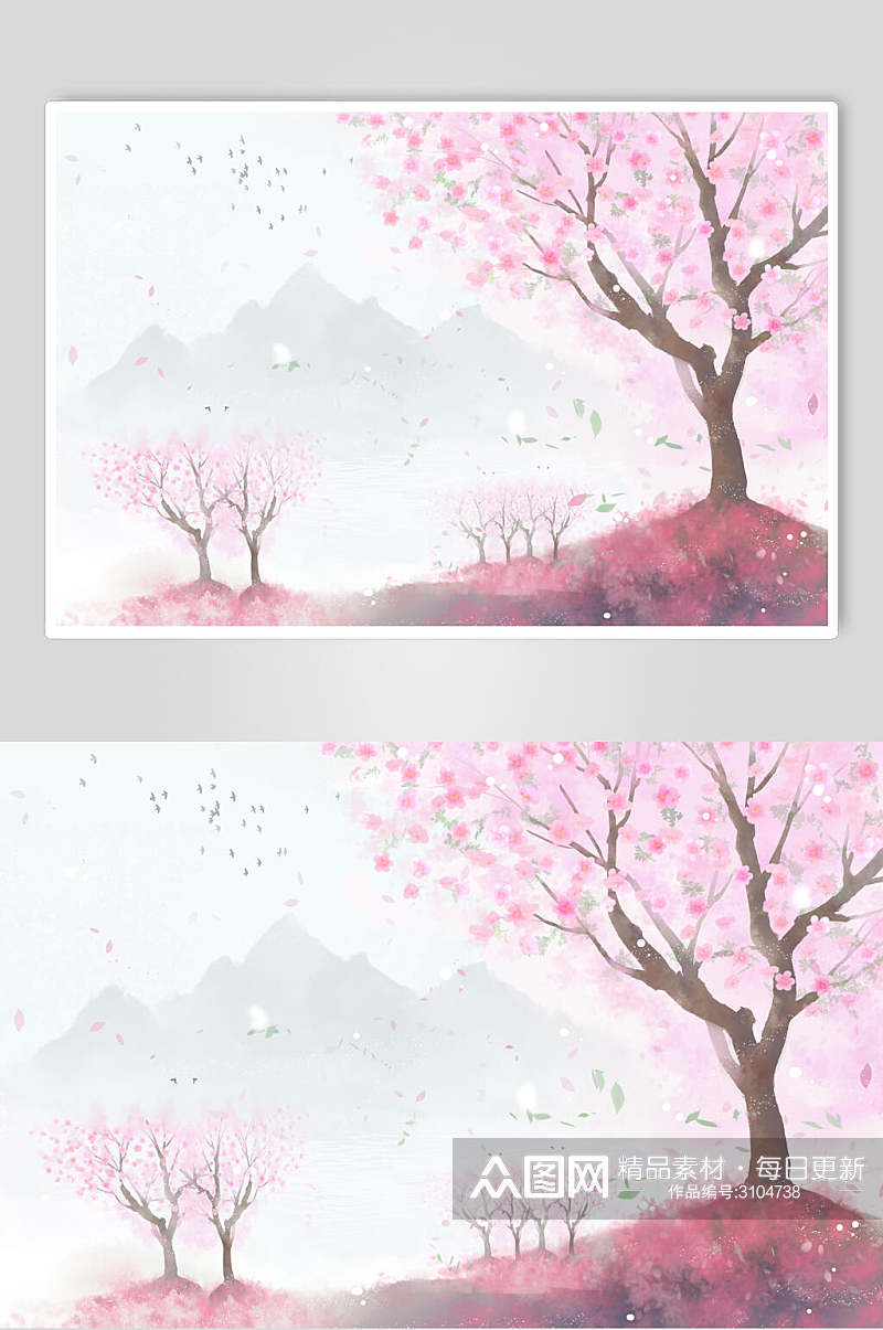粉色浪漫古典山水水墨插画素材素材