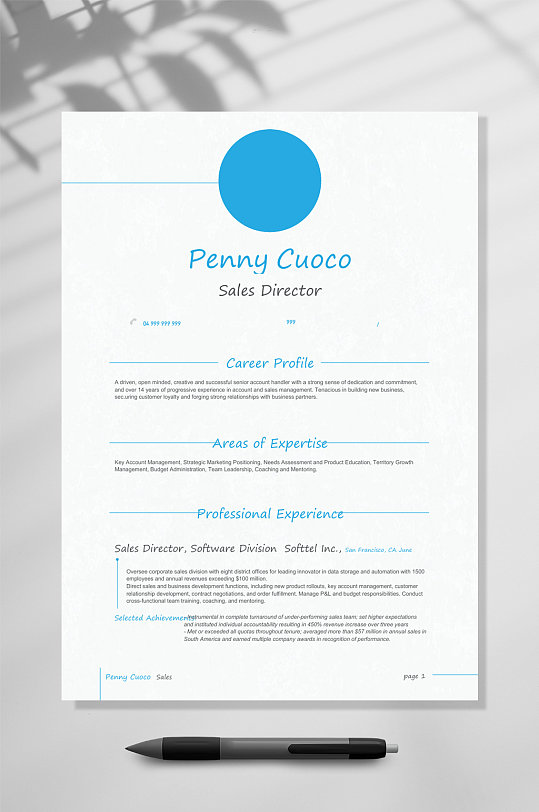 白底蓝色圆形图案国外英文简历WORD模板-众图网