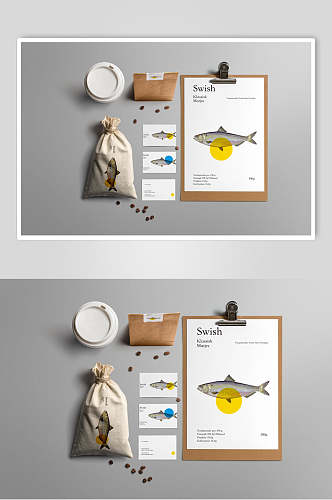 纸张黄白鱼类海鲜餐饮贴图展示样机