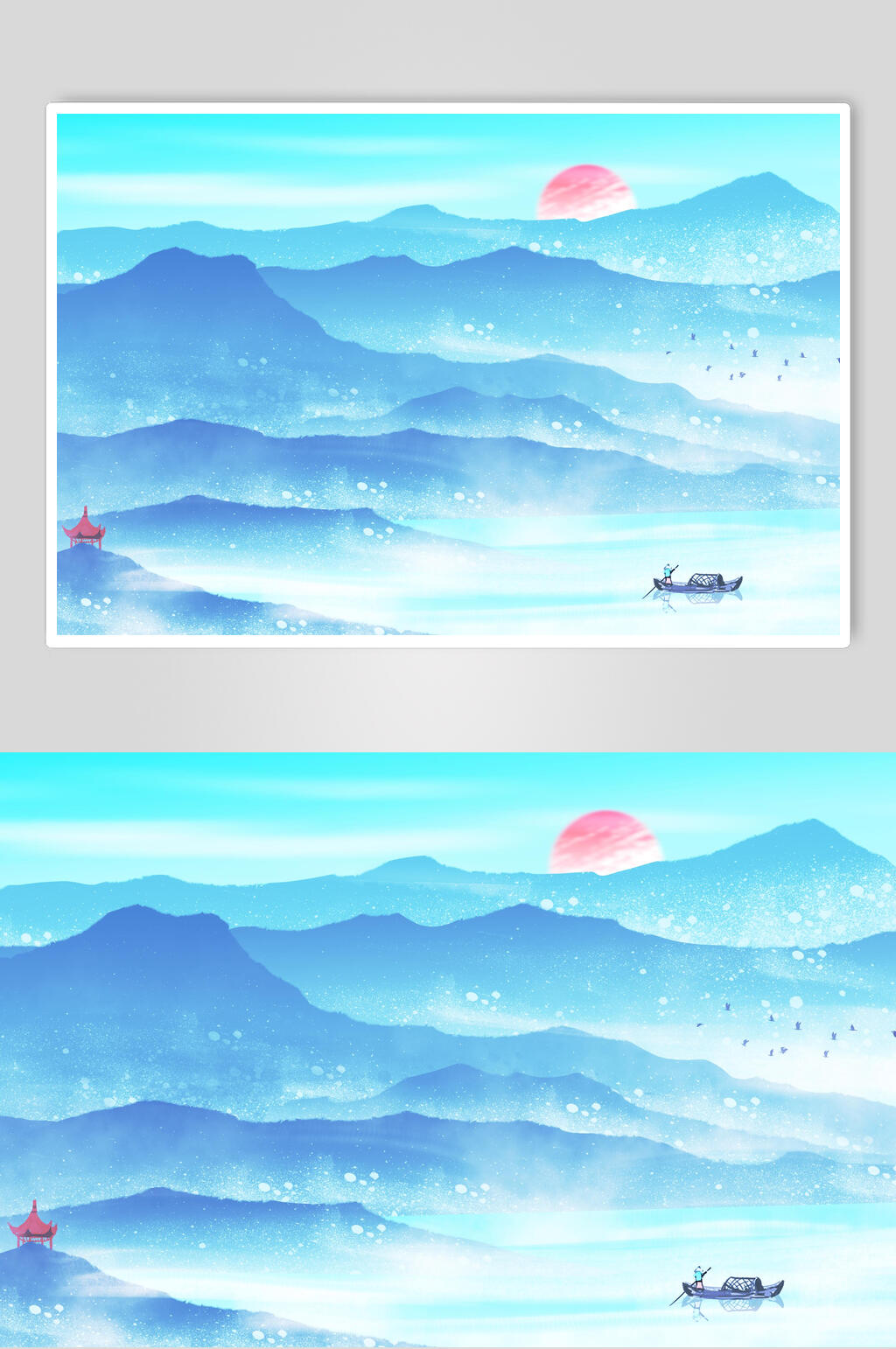 蓝色古典山水水墨插画素材素材