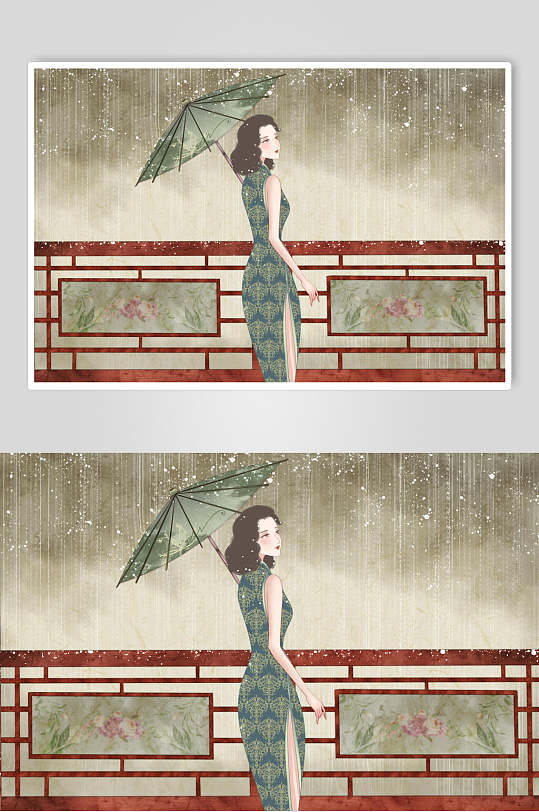 创意复古风民国古风旗袍美人插画素材