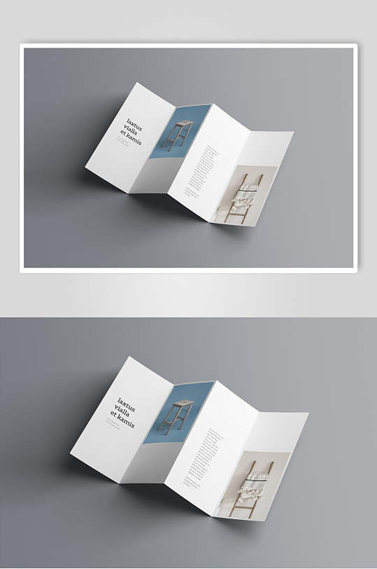 木架板凳折痕蓝四折页展示样机-众图网