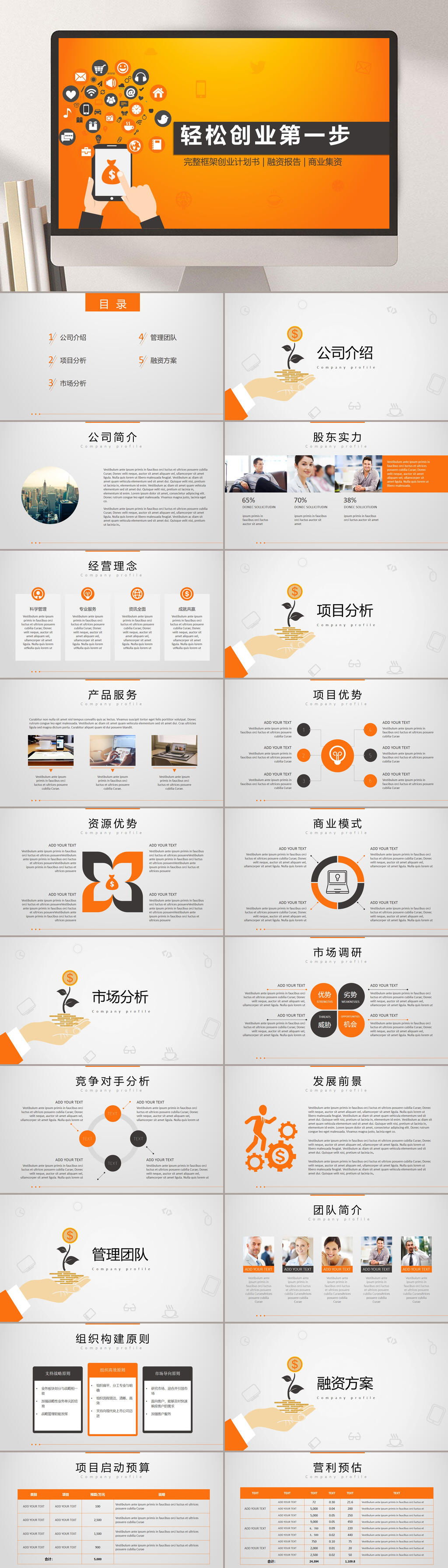 黄色轻松创业融资商业计划书PPT素材