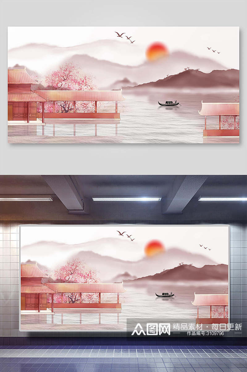 山川湖泊新中式背景展板素材